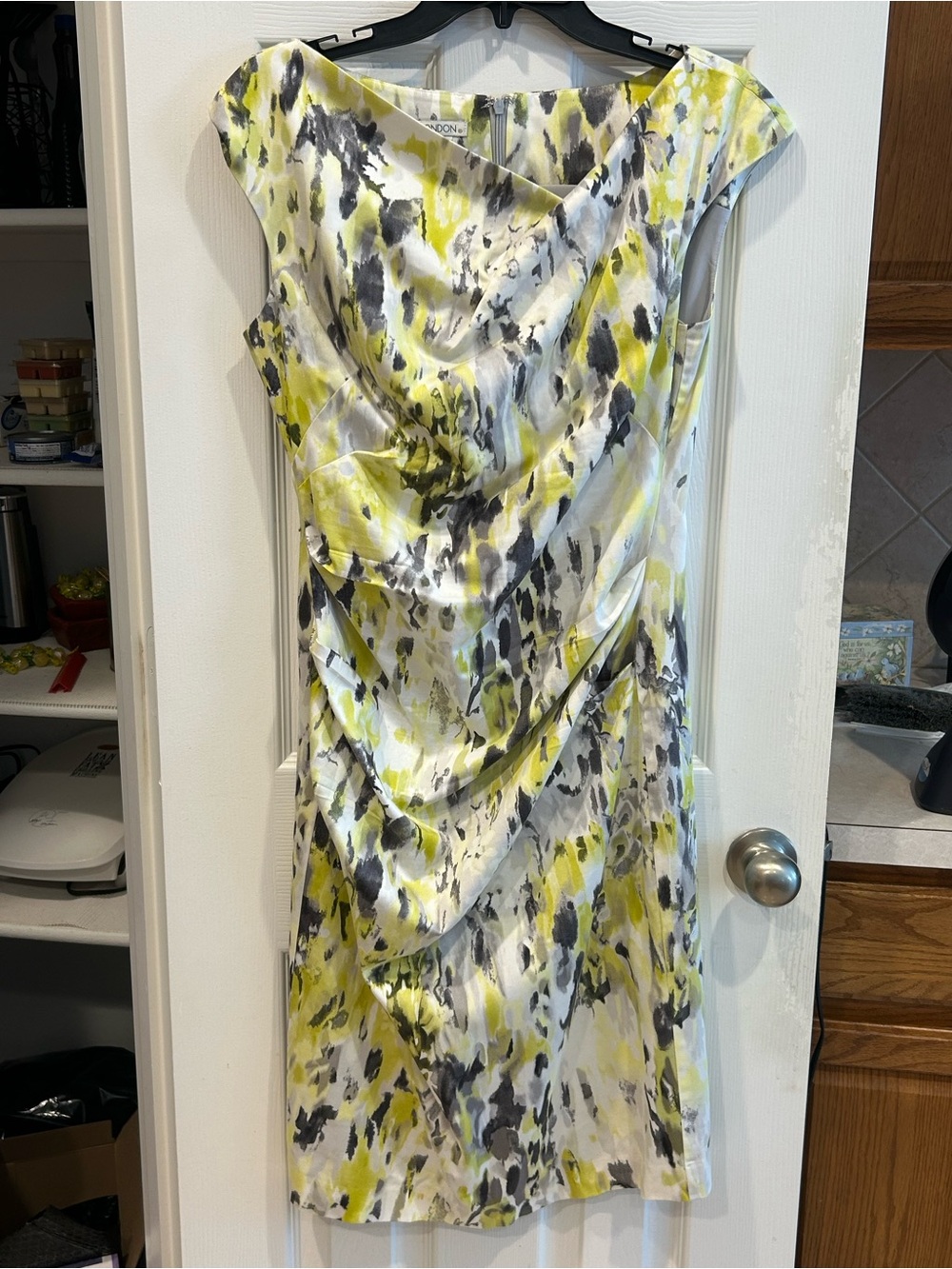 Maggy London Yellow, Gray and White Abstract Cowl Midi Dress 8